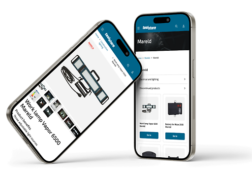 Två smartphones som visar Luna Toolstores e-handel och kundportal med produktlistning och detaljerad produktvy.